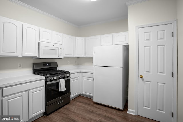 kitchen featuring dark wood-style floors, crown molding, light countertops, white cabinetry, and white appliances