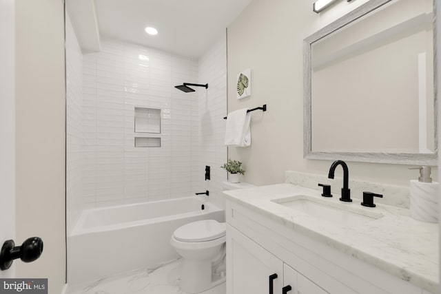 full bath with shower / bathtub combination, toilet, recessed lighting, vanity, and marble finish floor