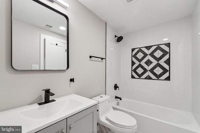 bathroom featuring toilet, shower / tub combination, vanity, and visible vents