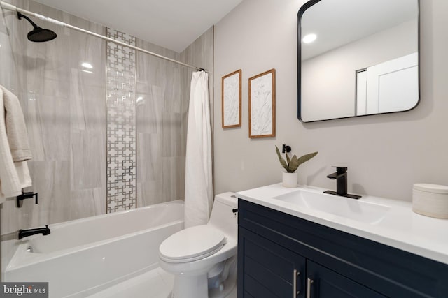 bathroom with toilet, shower / bath combination with curtain, and vanity