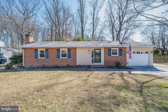 single story home with brick siding, a chimney, concrete driveway, a garage, and a front lawn