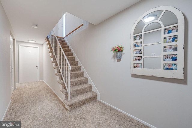 stairway with carpet floors and baseboards