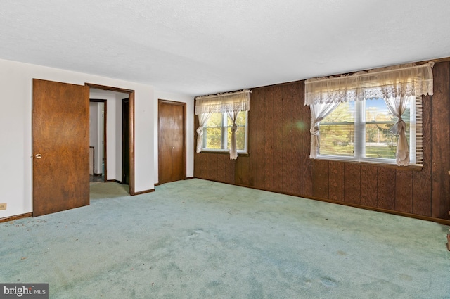 interior space featuring wooden walls, light carpet, and a textured ceiling