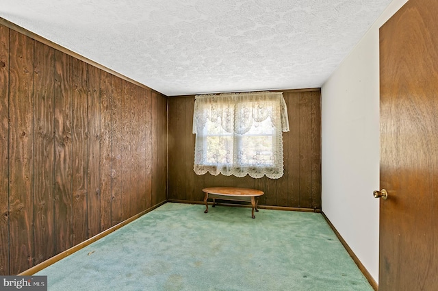 unfurnished room featuring a textured ceiling, wooden walls, baseboards, and light colored carpet