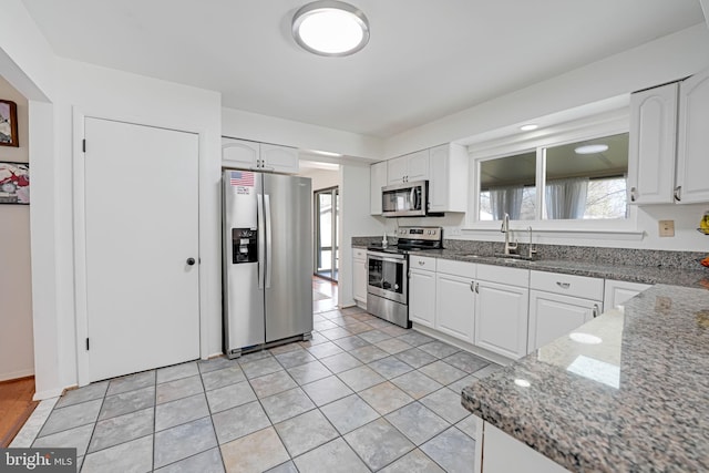 kitchen featuring a sink, stainless steel appliances, white cabinets, and dark stone counters