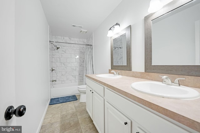 full bathroom featuring a sink, visible vents, toilet, and shower / bath combination with curtain