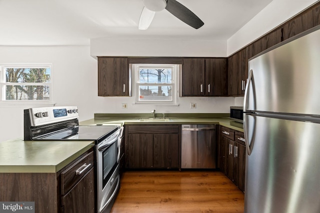 kitchen featuring stainless steel appliances, a sink, dark brown cabinetry, and a healthy amount of sunlight