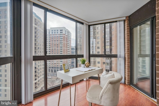 office space featuring floor to ceiling windows, a city view, and wood finished floors