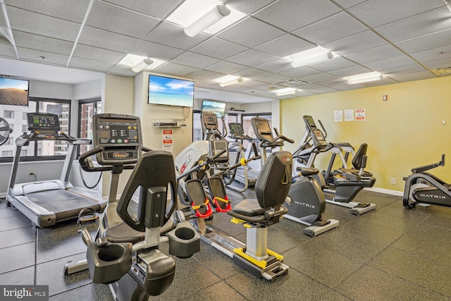 exercise room featuring visible vents, plenty of natural light, a paneled ceiling, and baseboards