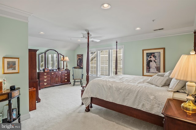 bedroom with recessed lighting, visible vents, ornamental molding, a ceiling fan, and light carpet