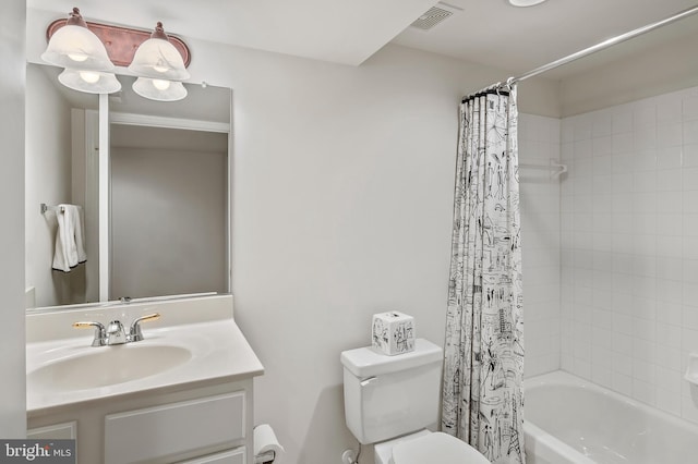 bathroom with toilet, visible vents, shower / bath combination with curtain, and vanity