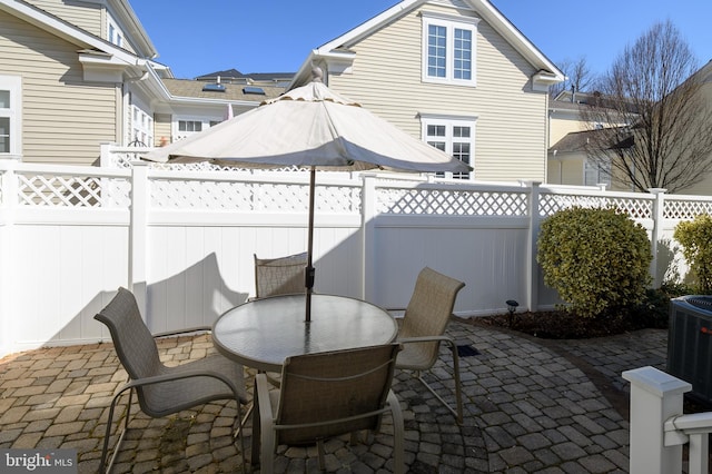 view of patio / terrace featuring central AC, outdoor dining area, and a fenced backyard