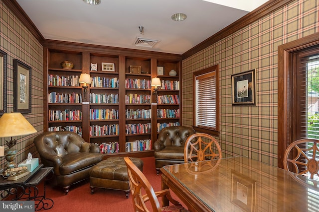 home office featuring visible vents, carpet flooring, and wallpapered walls