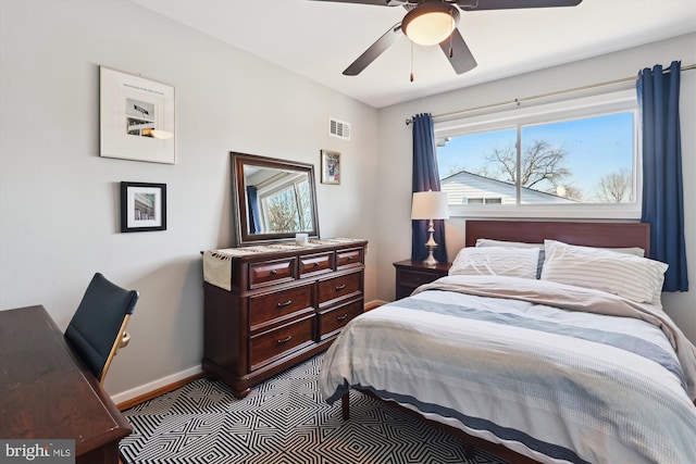 bedroom with a ceiling fan, visible vents, and baseboards