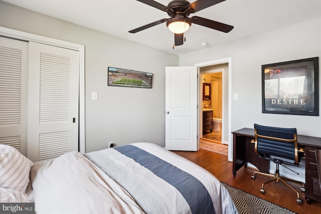 bedroom featuring a ceiling fan, a closet, and wood finished floors