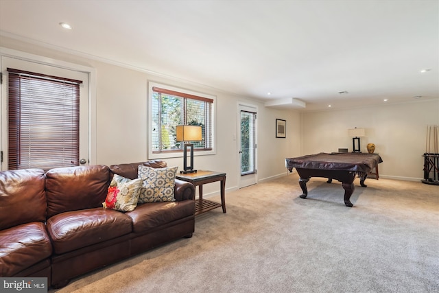 rec room with recessed lighting, light colored carpet, ornamental molding, billiards, and baseboards