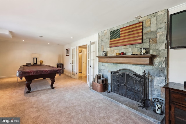 recreation room with billiards, a fireplace, carpet flooring, and baseboards