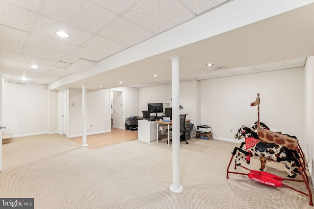 finished below grade area with baseboards, carpet, visible vents, and recessed lighting