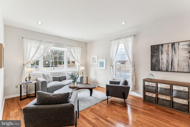 living area featuring baseboards, wood finished floors, and recessed lighting