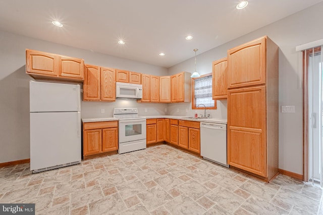 kitchen with recessed lighting, white appliances, a sink, baseboards, and light countertops