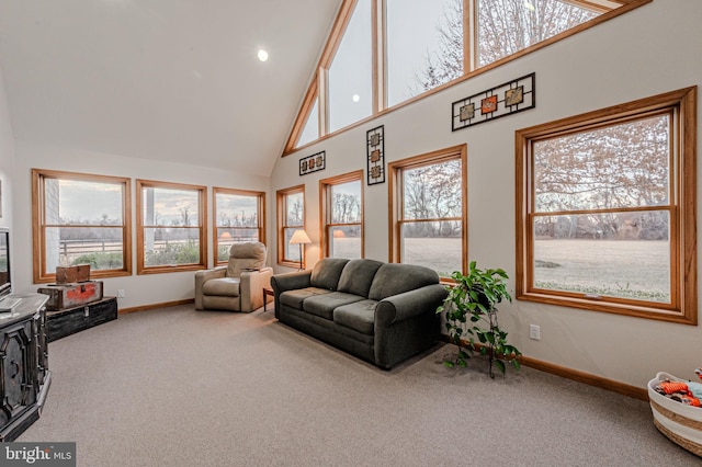 living area featuring baseboards, plenty of natural light, high vaulted ceiling, and carpet flooring