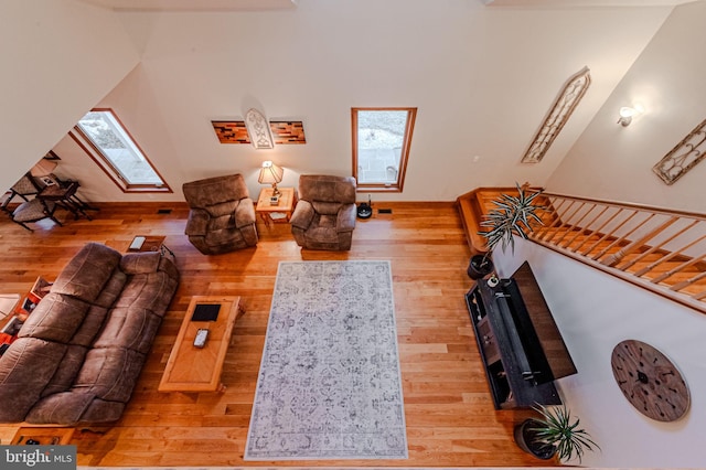 living room featuring a skylight and wood finished floors