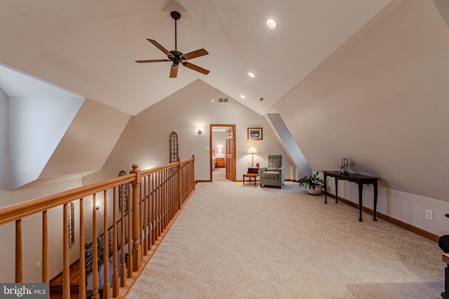 bonus room featuring ceiling fan, recessed lighting, visible vents, vaulted ceiling, and carpet