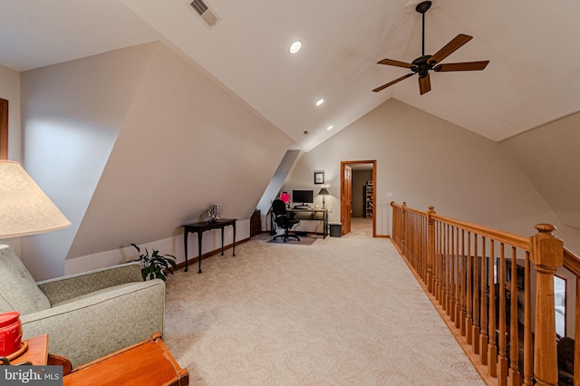 carpeted office space with ceiling fan, visible vents, vaulted ceiling, and recessed lighting