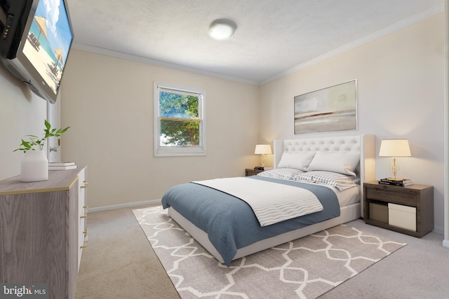 bedroom with light carpet, crown molding, and baseboards