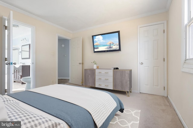 bedroom featuring light carpet, baseboards, and ornamental molding