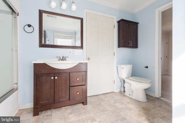 full bath featuring ornamental molding, vanity, toilet, and baseboards