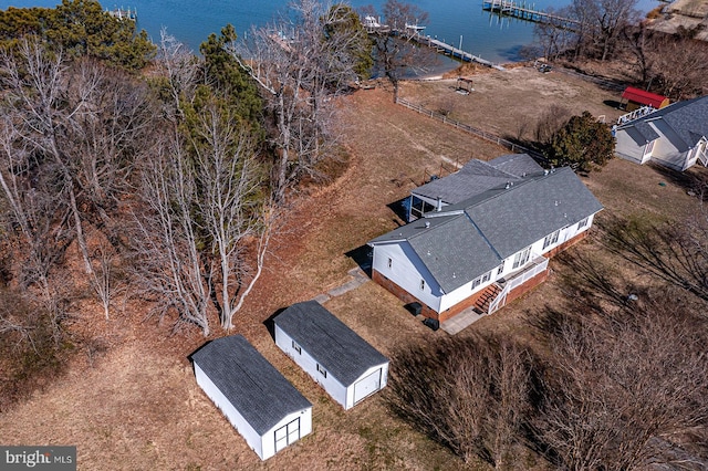 drone / aerial view with a water view