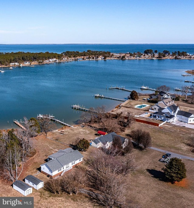 drone / aerial view featuring a water view