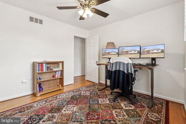 office area with visible vents, ceiling fan, and wood finished floors