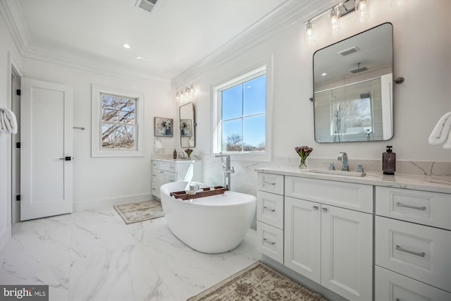 full bathroom featuring a sink, visible vents, marble finish floor, and crown molding