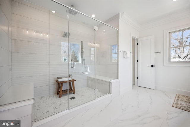 full bathroom featuring crown molding, baseboards, recessed lighting, a stall shower, and marble finish floor