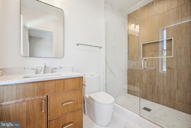 bathroom with vanity, toilet, a stall shower, and marble finish floor