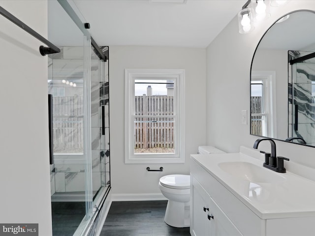 bathroom with toilet, a healthy amount of sunlight, a stall shower, and vanity