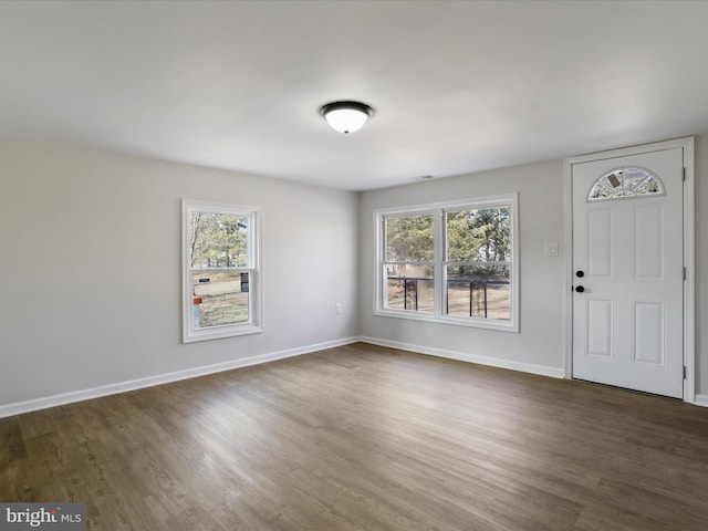 entryway with dark wood-type flooring, plenty of natural light, and baseboards