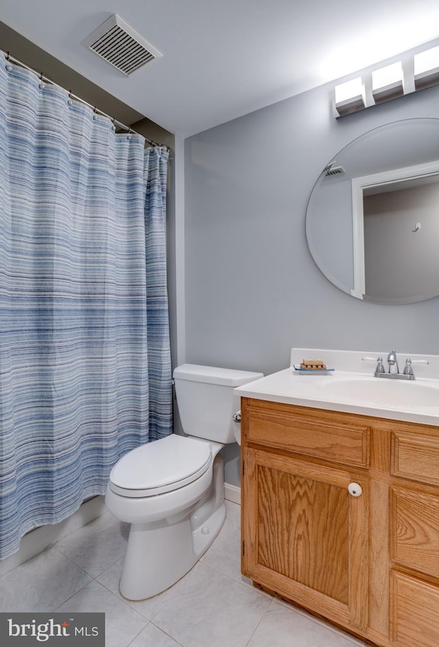 full bath featuring visible vents, vanity, toilet, and tile patterned floors