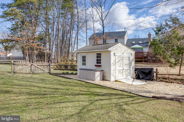 view of shed with a gate and fence