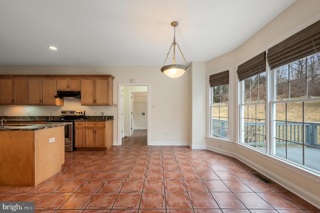 kitchen with dark countertops, plenty of natural light, electric range, and range hood