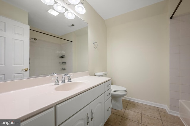 bathroom featuring visible vents, toilet, vanity, tile patterned flooring, and baseboards