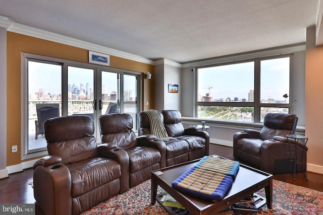 living area featuring crown molding, a view of city, and plenty of natural light