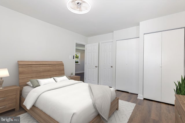 bedroom featuring dark wood-type flooring and multiple closets