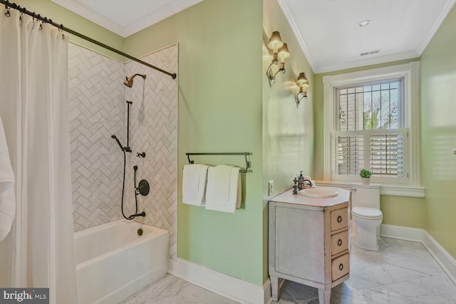 full bath featuring marble finish floor, visible vents, ornamental molding, shower / bath combo, and baseboards