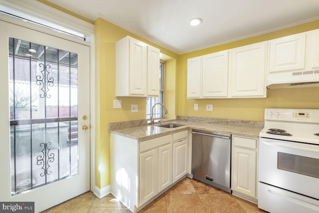 kitchen with under cabinet range hood, a sink, white cabinets, electric stove, and dishwasher