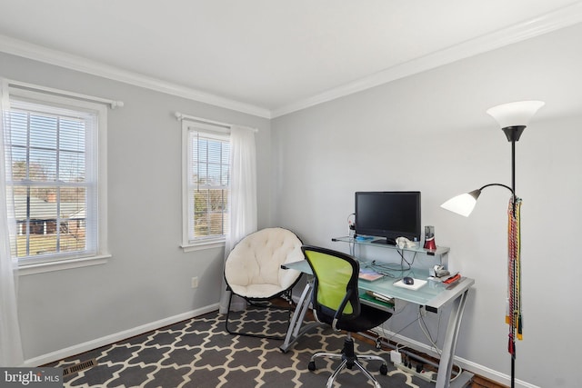 office area featuring baseboards and ornamental molding