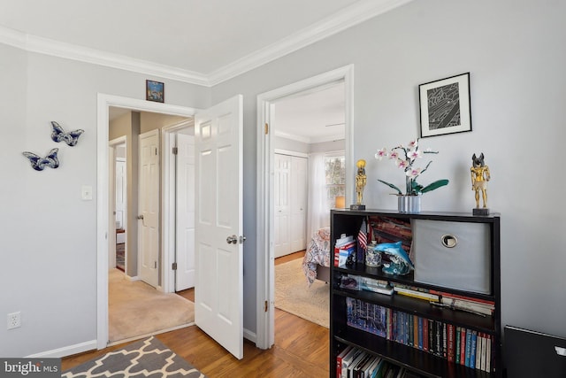 hall featuring crown molding, wood finished floors, and baseboards