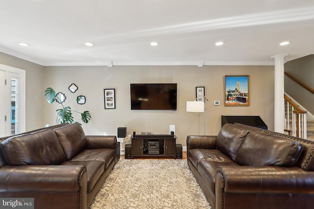 living area featuring stairway, recessed lighting, wood finished floors, and ornamental molding